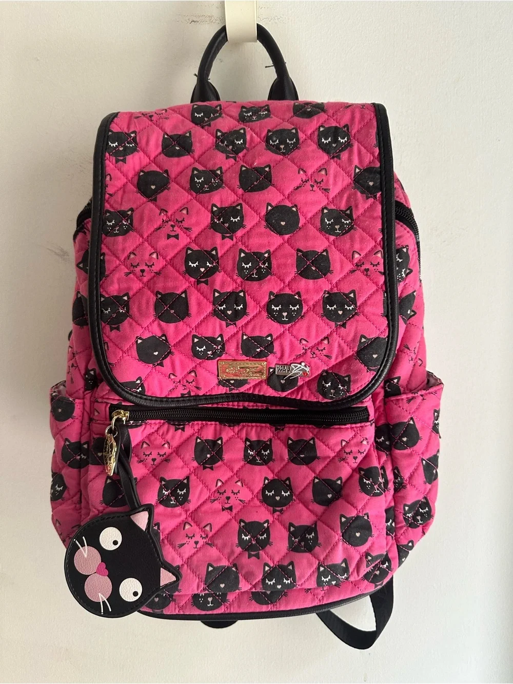 Luv Betsey Johnson Pink Black Cat Quilted Backpack Kitty Charm School Bag